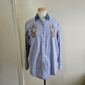Vtg Cabin Creek Blue Gingham Embroidered Floral Denim Button Up Shirt Women M